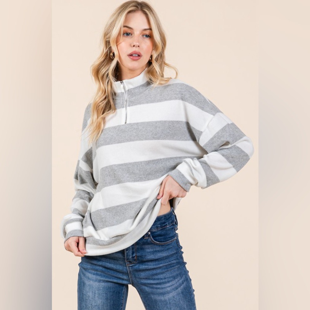 BOMBOM Striped Quarter Zip Drop Shoulder Sweatshirt - Picture 2 of 4